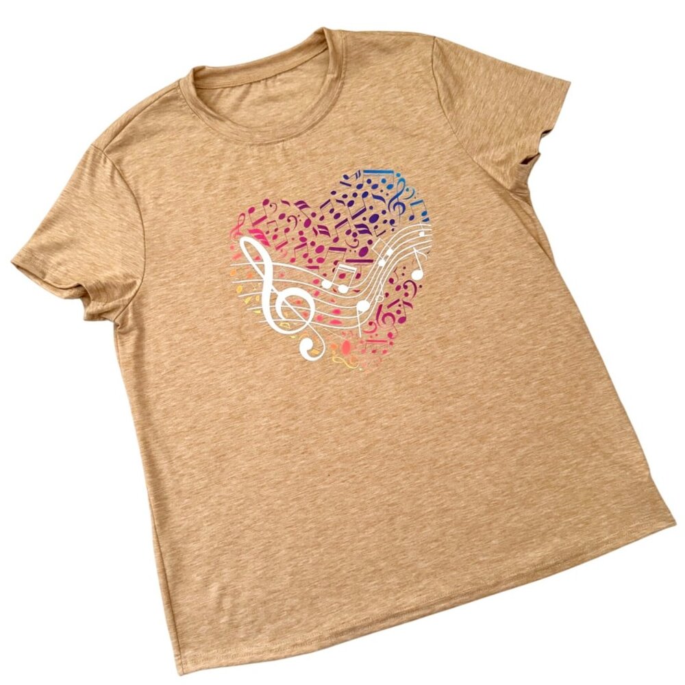 Music Heart T Shirt Size L Tan Short Sleeve Musical Notes Graphic